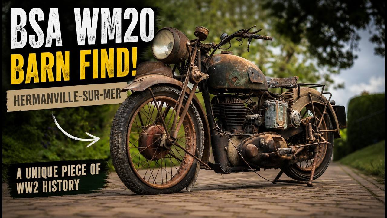 Patinated BSA WM20 barn find photographed outdoors, with title text identifying Hermanville-sur-Mer.