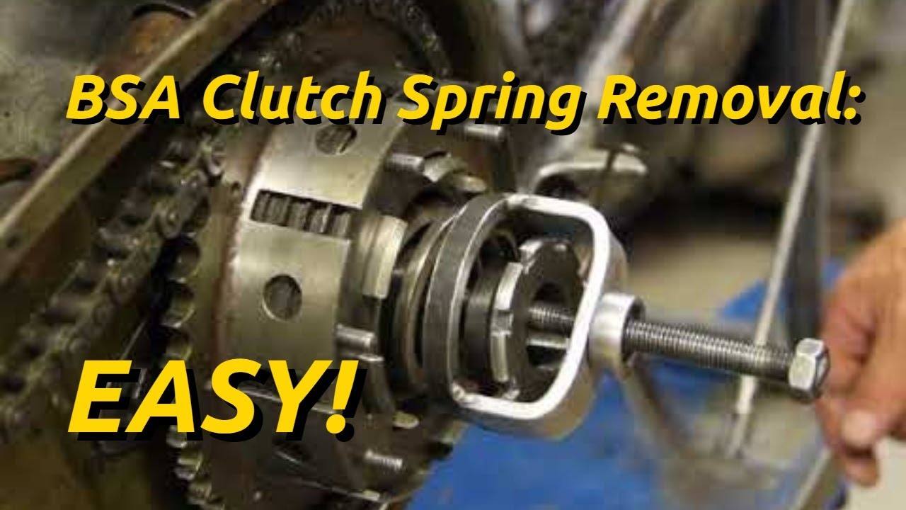 Close-up of a compressor tool fitted to a BSA clutch spring, with “Easy!” title text.