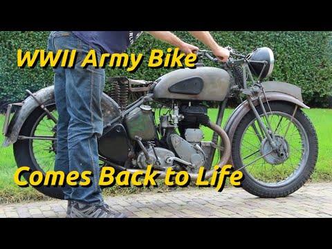 Unpainted BSA KM20 being started outdoors, with “WWII Army Bike Comes Back to Life” text.