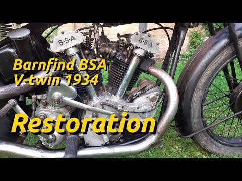 Close view of the exposed-valve BSA J11 V-twin engine with “Barnfind BSA V-twin 1934 Restoration” text.