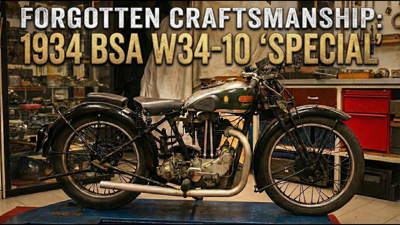Complete 1934 BSA W34-10 Special on a workshop lift beneath a detailed-inspection title.